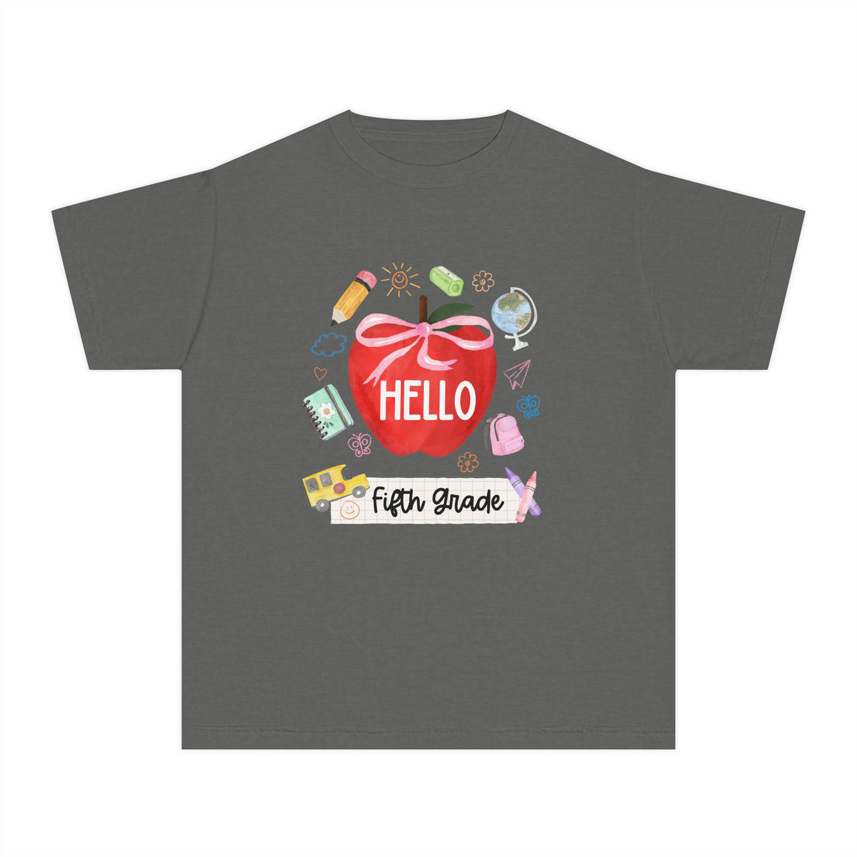 Hello Fifth Grade Preppy Coquette Apple Graphic Tee Back to School 5th Grade T-Shirt