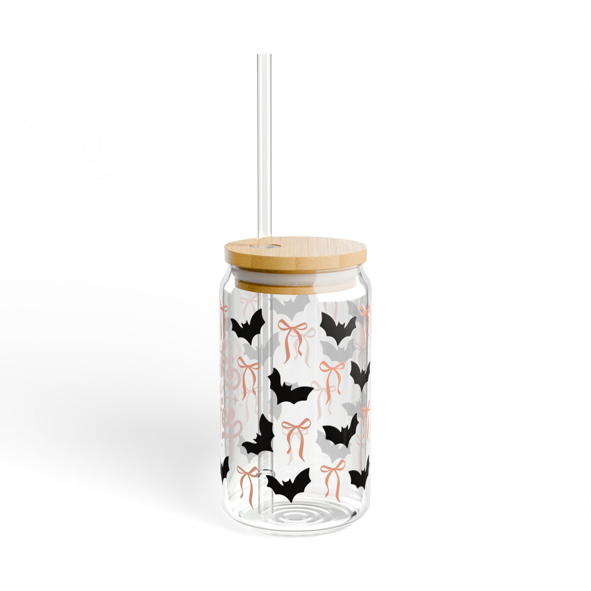 Bats Books & Coffee Sipper Glass 16oz Reusable Drink Jar with Lid & Straw