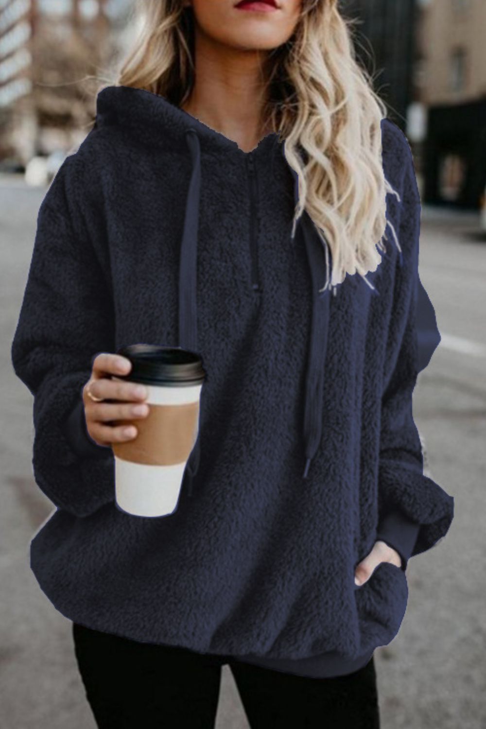 Full Size Quarter-Zip Drawstring Teddy Hoodie - Sydney So Sweet