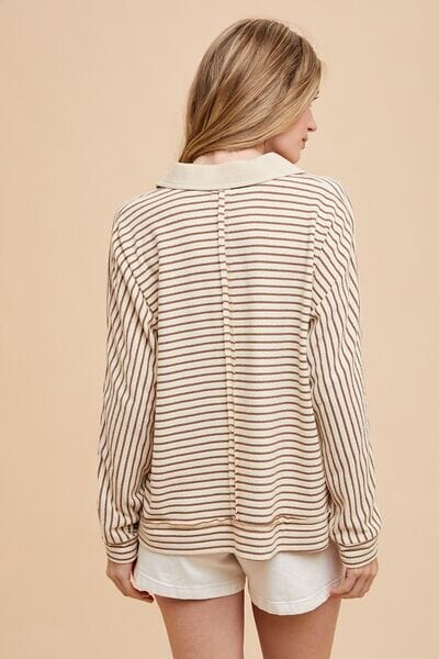 Annie Wear Striped Button Detail Long Sleeve Polo Top - Sydney So Sweet