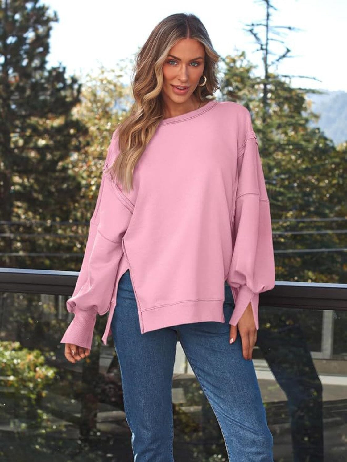 Slit Round Neck Long Sleeve Sweatshirt - Sydney So Sweet