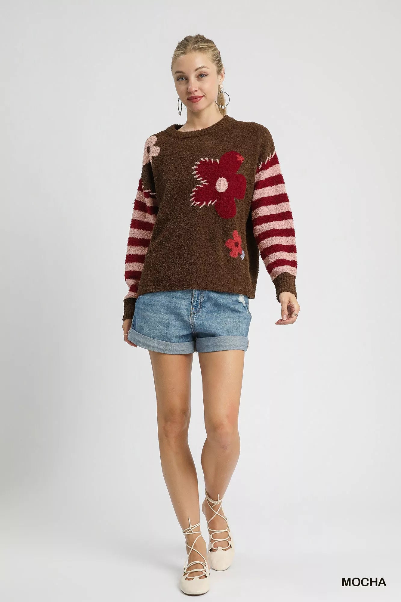 Umgee Flower Jacquard Striped Long Sleeve Sweater - Sydney So Sweet
