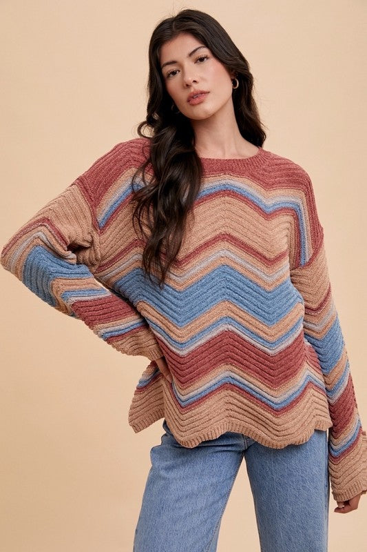 Annie Wear Multi Color Zig-Zag Round Neck Sweater - Sydney So Sweet