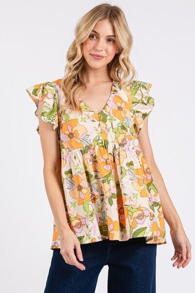 Mittoshop Floral V-Neck Ruffled Cap Sleeve Blouse - Sydney So Sweet