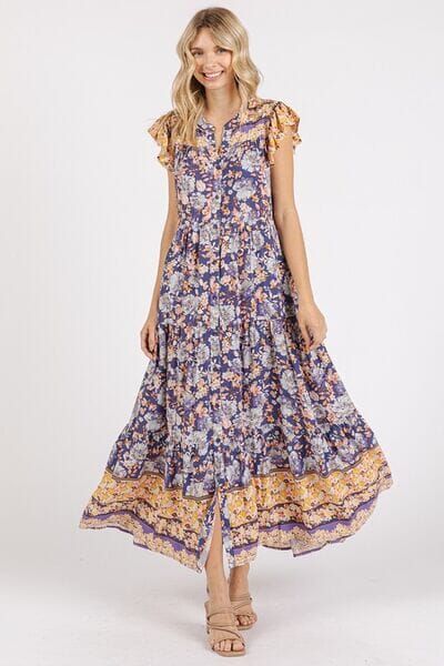 Mittoshop Floral Ruffled Notched Cap Sleeve Maxi Dress - Sydney So Sweet