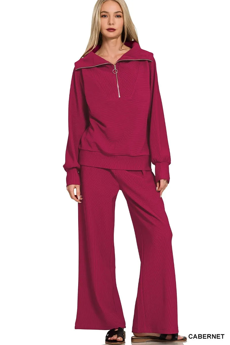 Zenana Ribbed High Neck Half Zip Pullover & Pants Set - Sydney So Sweet