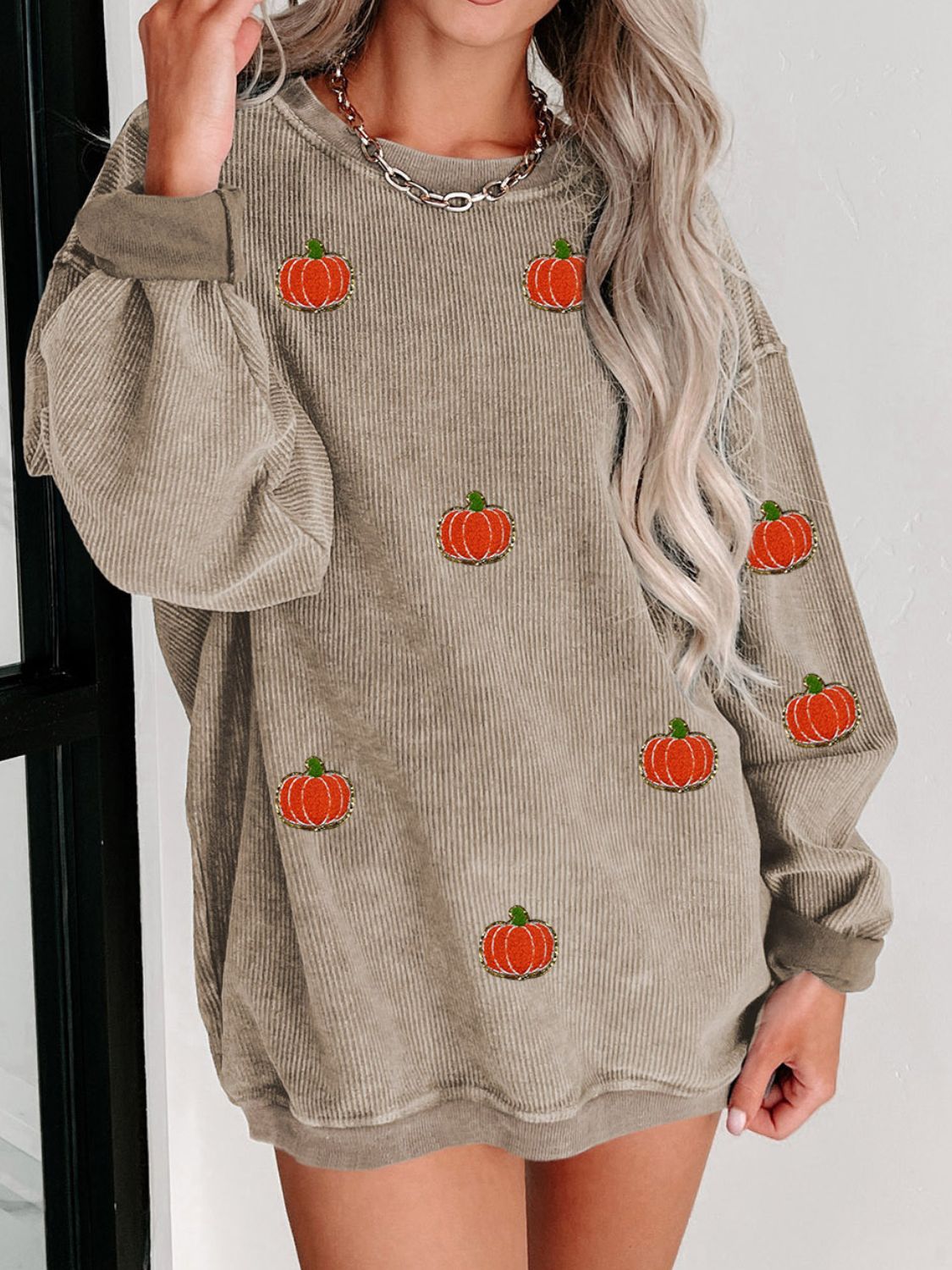 Sequin Pumpkin Round Neck Long Sleeve Sweatshirt - Sydney So Sweet