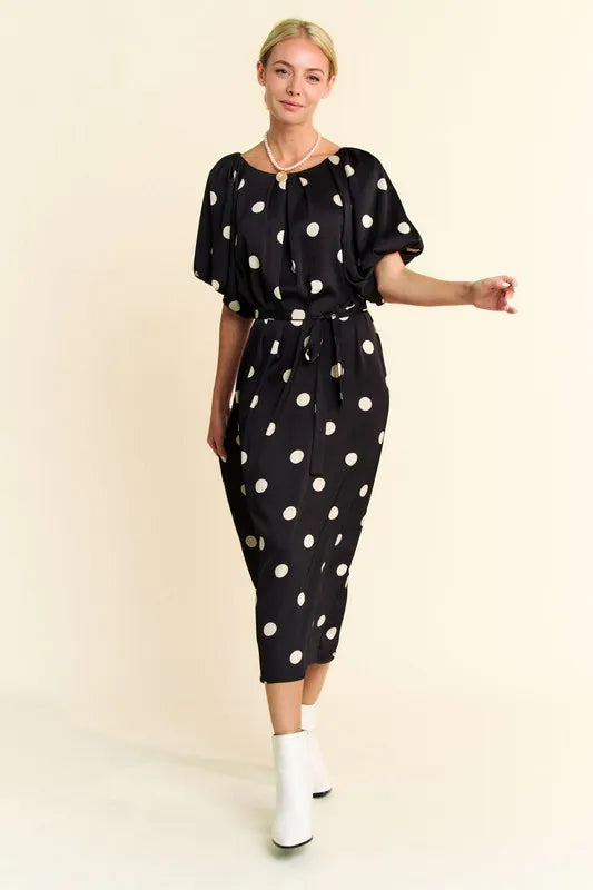 Davi & Dani Polka Dot Puff Sleeves Waist Tie Midi Dress - Sydney So Sweet