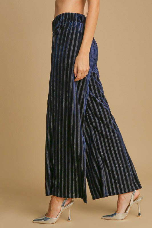 Umgee Full Size Elastic Waist Striped Wide Leg Velvet Pants - Sydney So Sweet