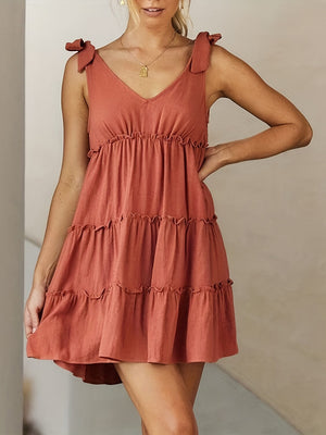 Full Size Frill V-Neck Tie Shoulder Mini Dress - Sydney So Sweet