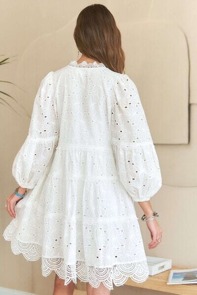 ADORA Lace Detail Tiered Eyelet V-Neck Babydoll Dress - Sydney So Sweet