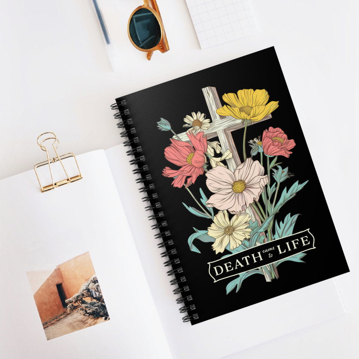 Death Came to Life Floral Cross Christian Notebook Ruled Spiral Journal