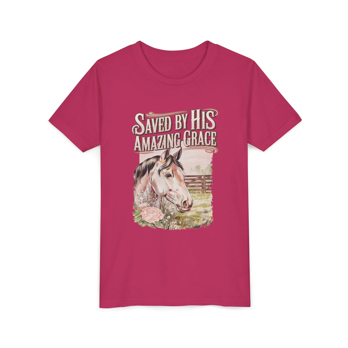Youth Tee — "Saved By His Amazing Grace" Horse Graphic Christian Shirt
