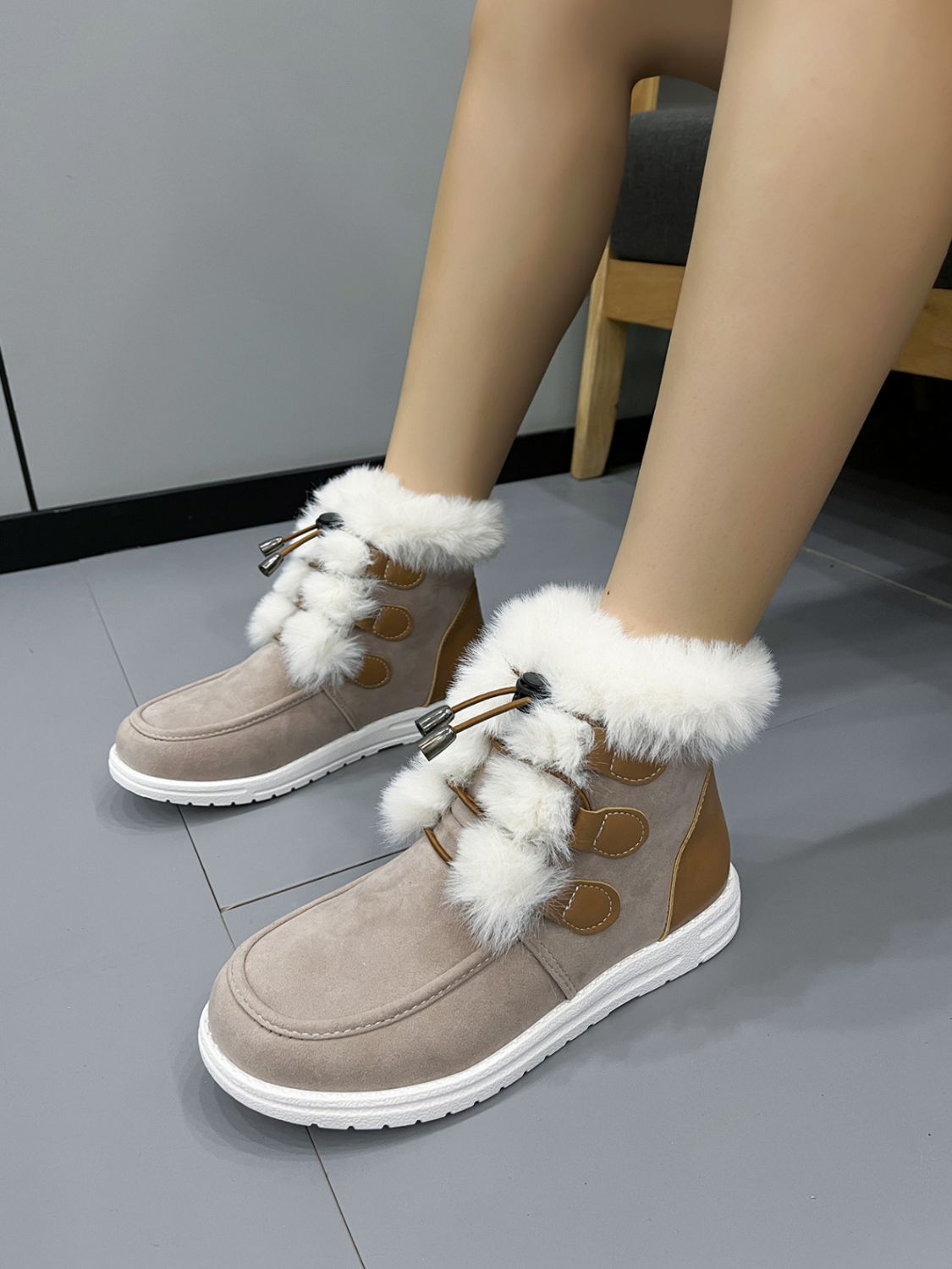 Plush Detail Suede Round Toe Boots - Sydney So Sweet