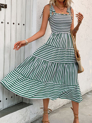 Smocked Striped Square Neck Midi Dress - Sydney So Sweet