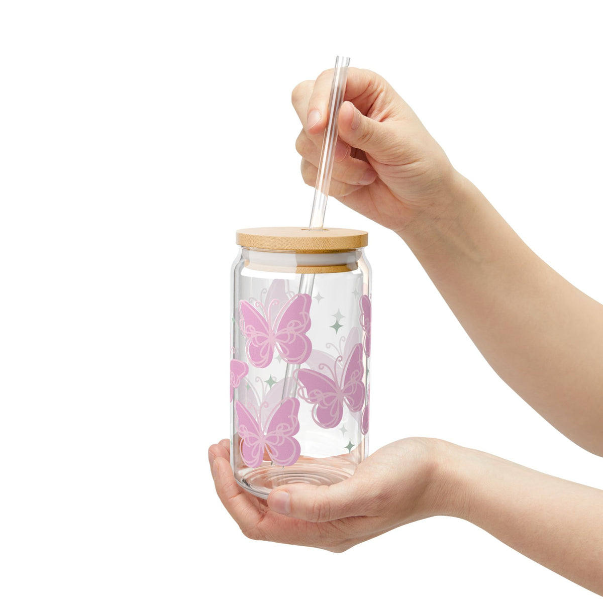 Flutter Pink Butterfly Tumbler Sipper Glass 16oz — Reusable Drink Jar with Lid & Straw