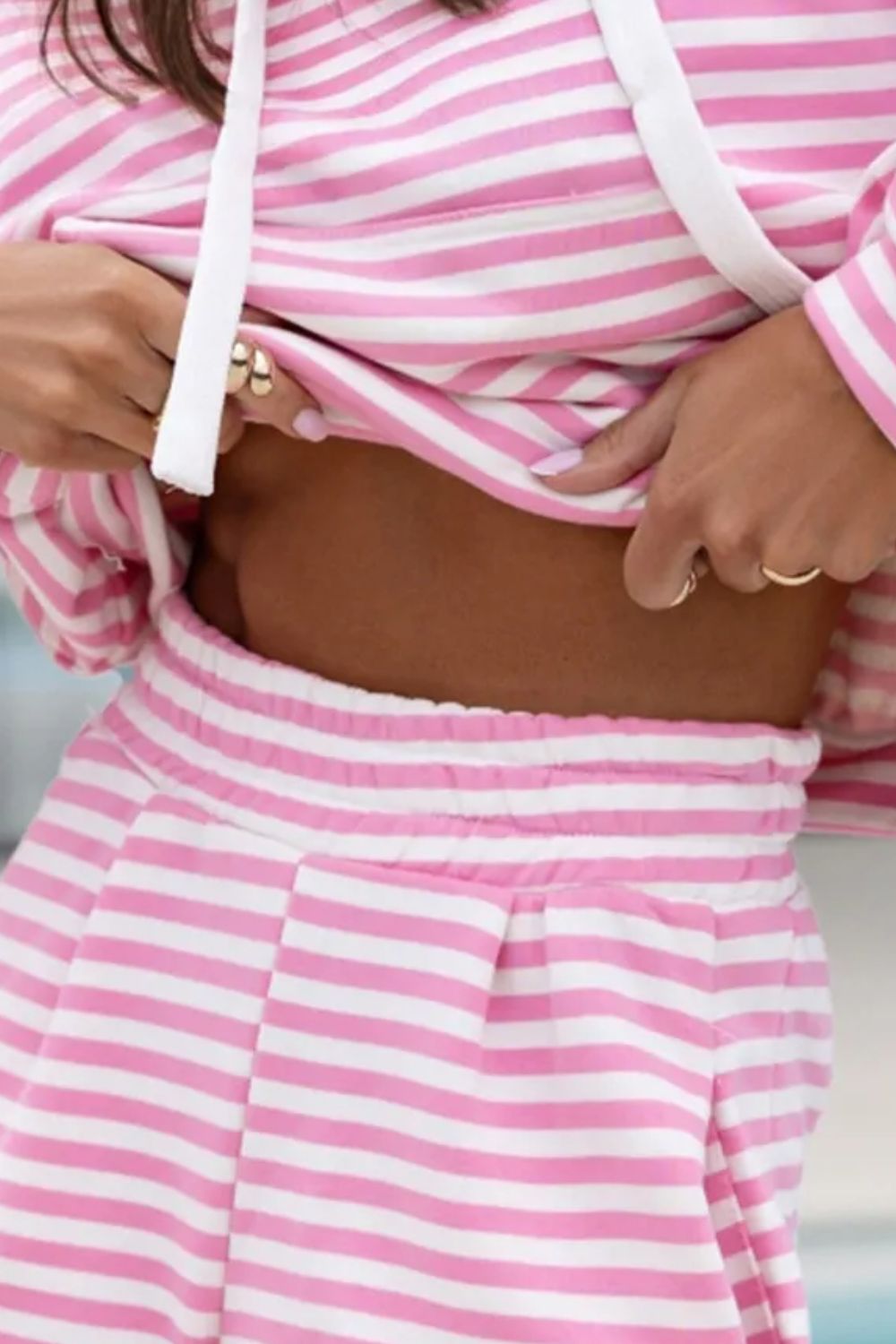 Drawstring Striped Hooded Top and Shorts Set - Sydney So Sweet