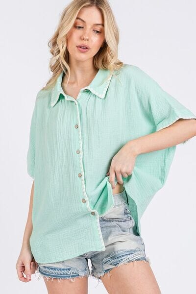 SAGE+FIG Boho Contrast Zigzag Trim Gauze Button-Up Shirt - Sydney So Sweet