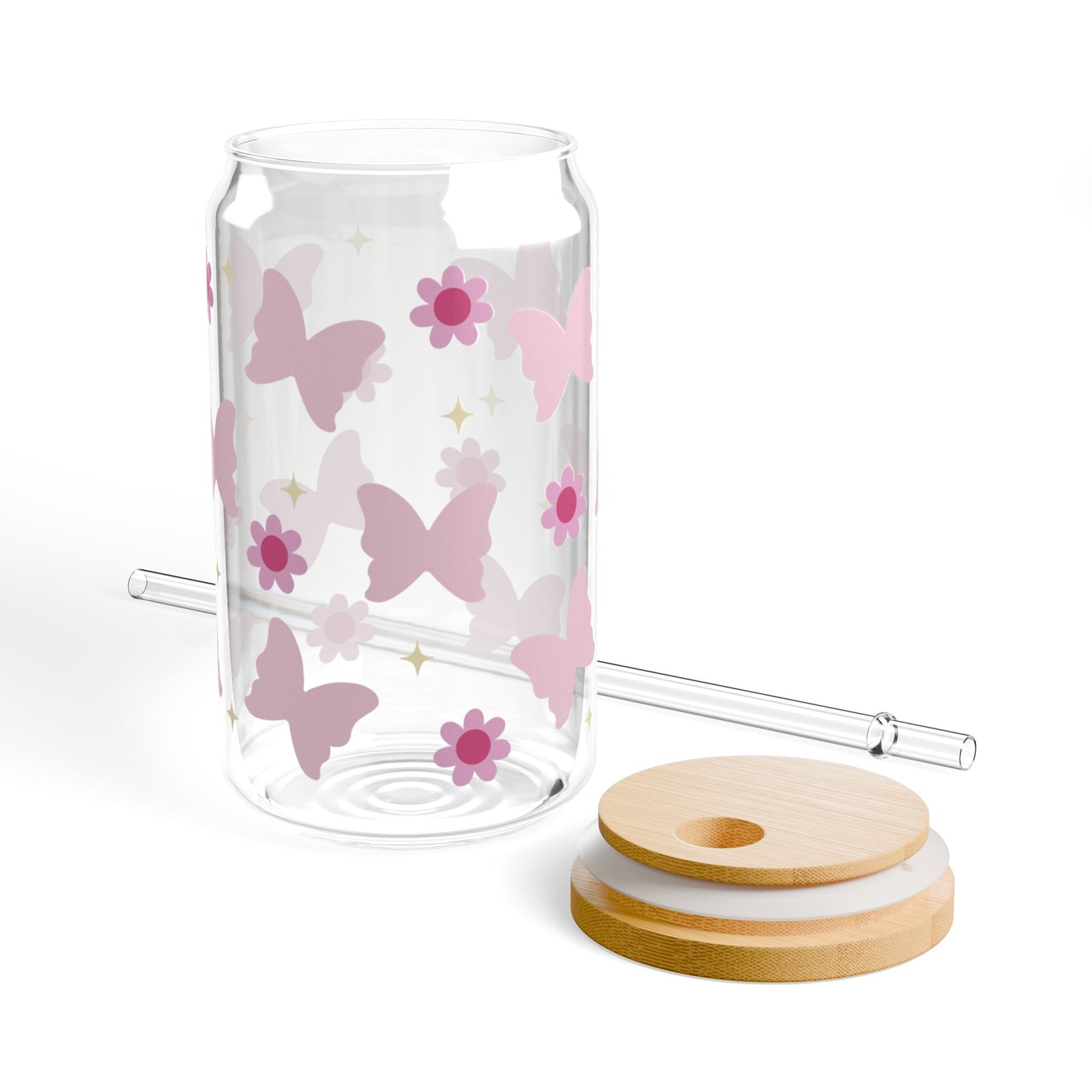 Butterflies & Daisies Tumbler Sipper Glass 16oz — Reusable Drink Jar with Lid & Straw