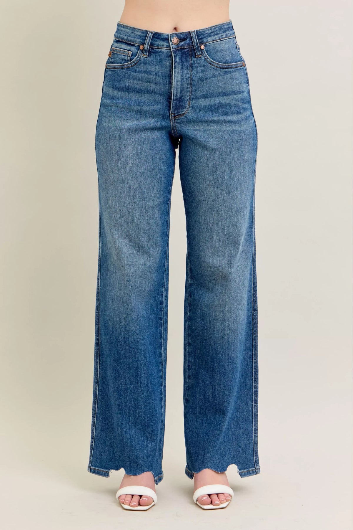 Judy Blue Full Size High Waist Tummy Control Chew Hem Destroy Wide Jeans Plus Size - Sydney So Sweet