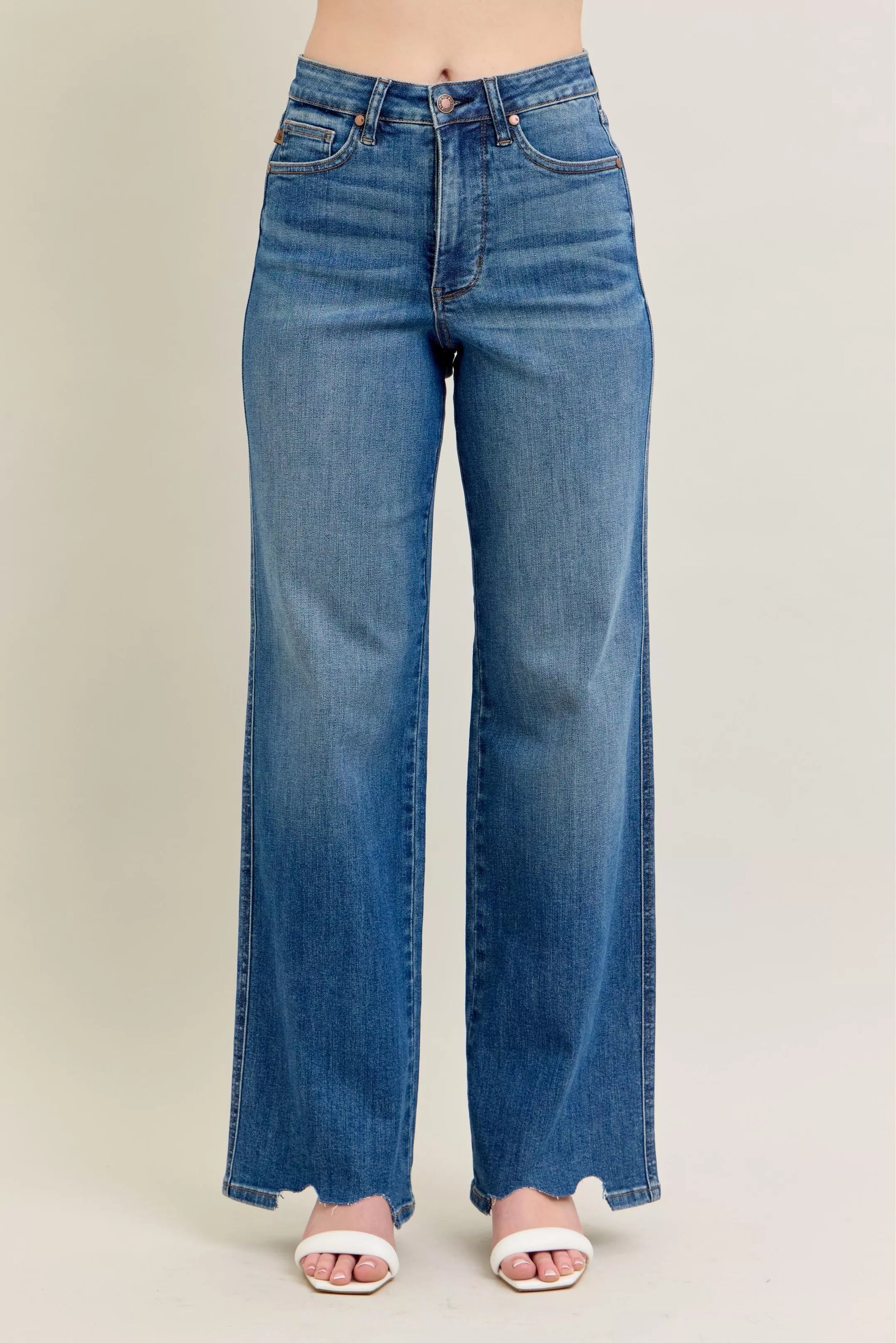 Judy Blue Full Size High Waist Tummy Control Chew Hem Destroy Wide Jeans Plus Size - Sydney So Sweet