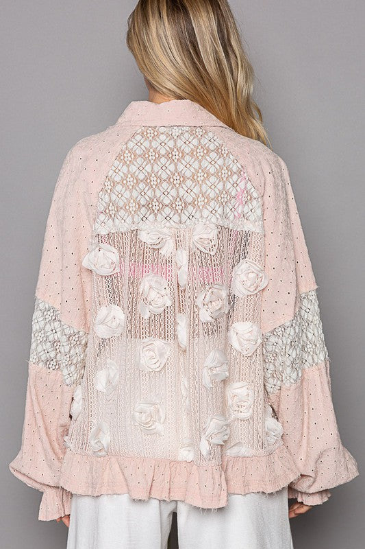 POL Eyelet Flower Pearl Detail Lace Patchwork Shirt - Sydney So Sweet