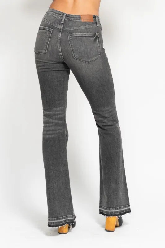 Judy Blue Full Size Mid Rise Tummy Control Washed Gray Release Hem Flare Jeans Plus Size - Sydney So Sweet