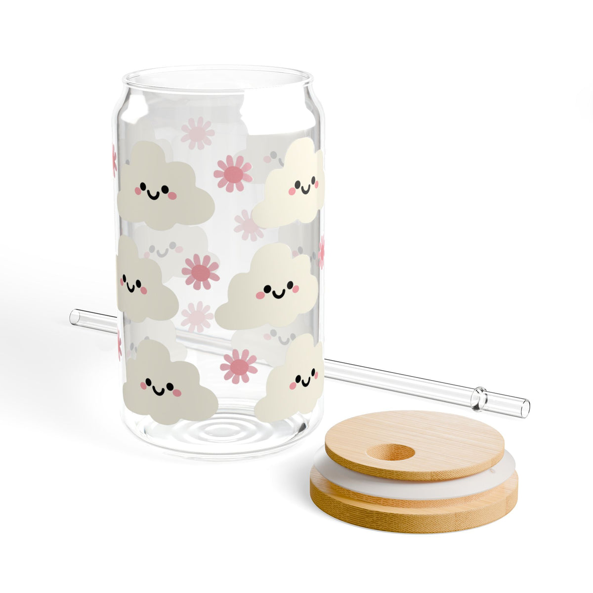 Cute Kawaii Cloud Tumbler Sipper Glass 16oz — Reusable Drink Jar with Lid & Straw