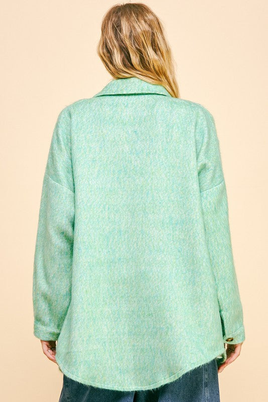 Davi & Dani Curved Hem Heathered Dropped Shoulder Shacket - Sydney So Sweet