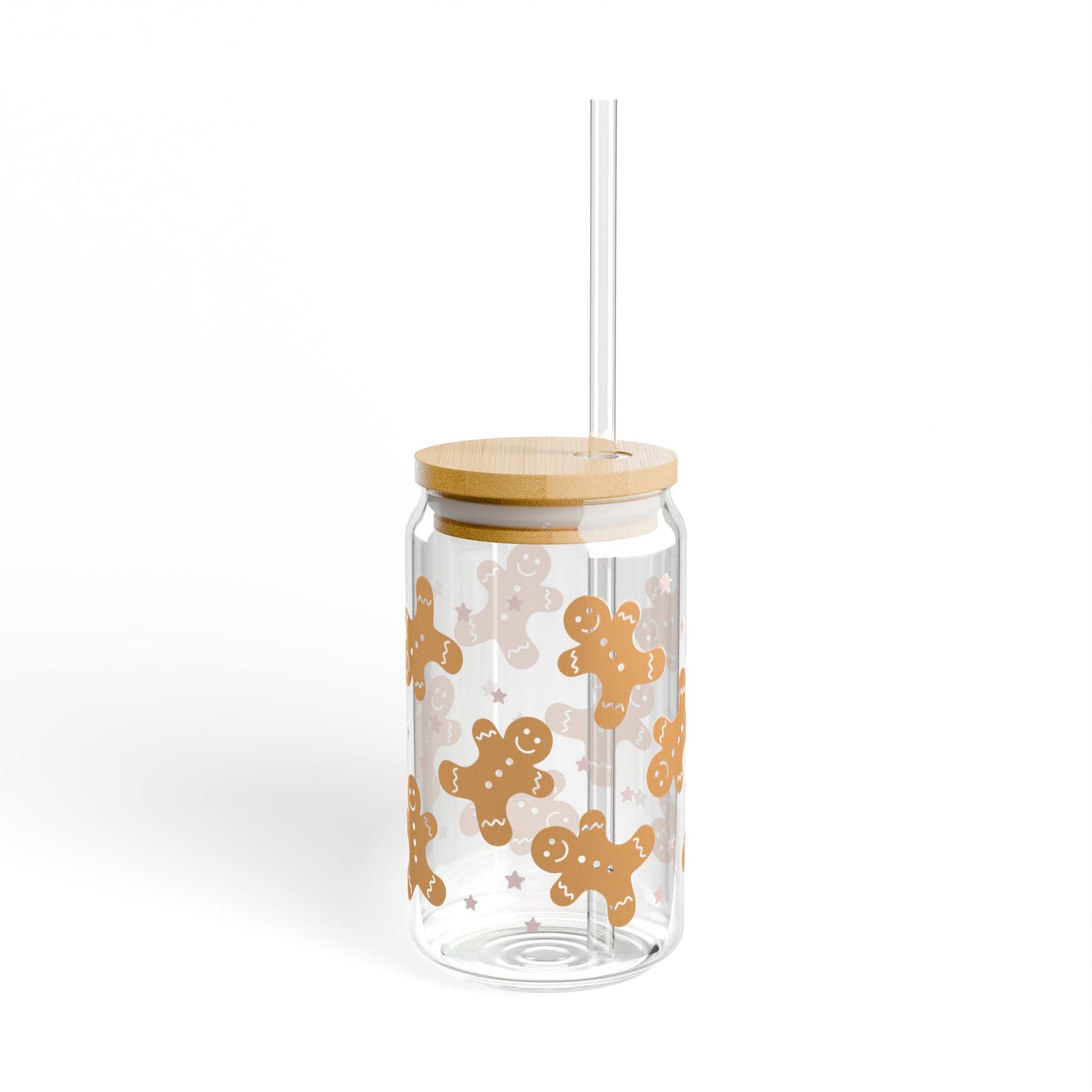 Christmas Gingerbread Cookies Sipper Glass 16oz Reusable Drink Jar with Lid & Straw