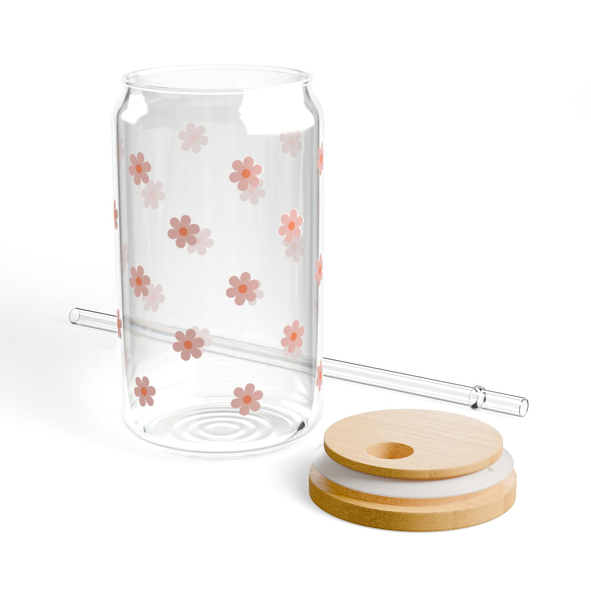 Itty Bitty Daisy Pink Sipper Glass 16oz — Reusable Drink Jar with Lid & Straw