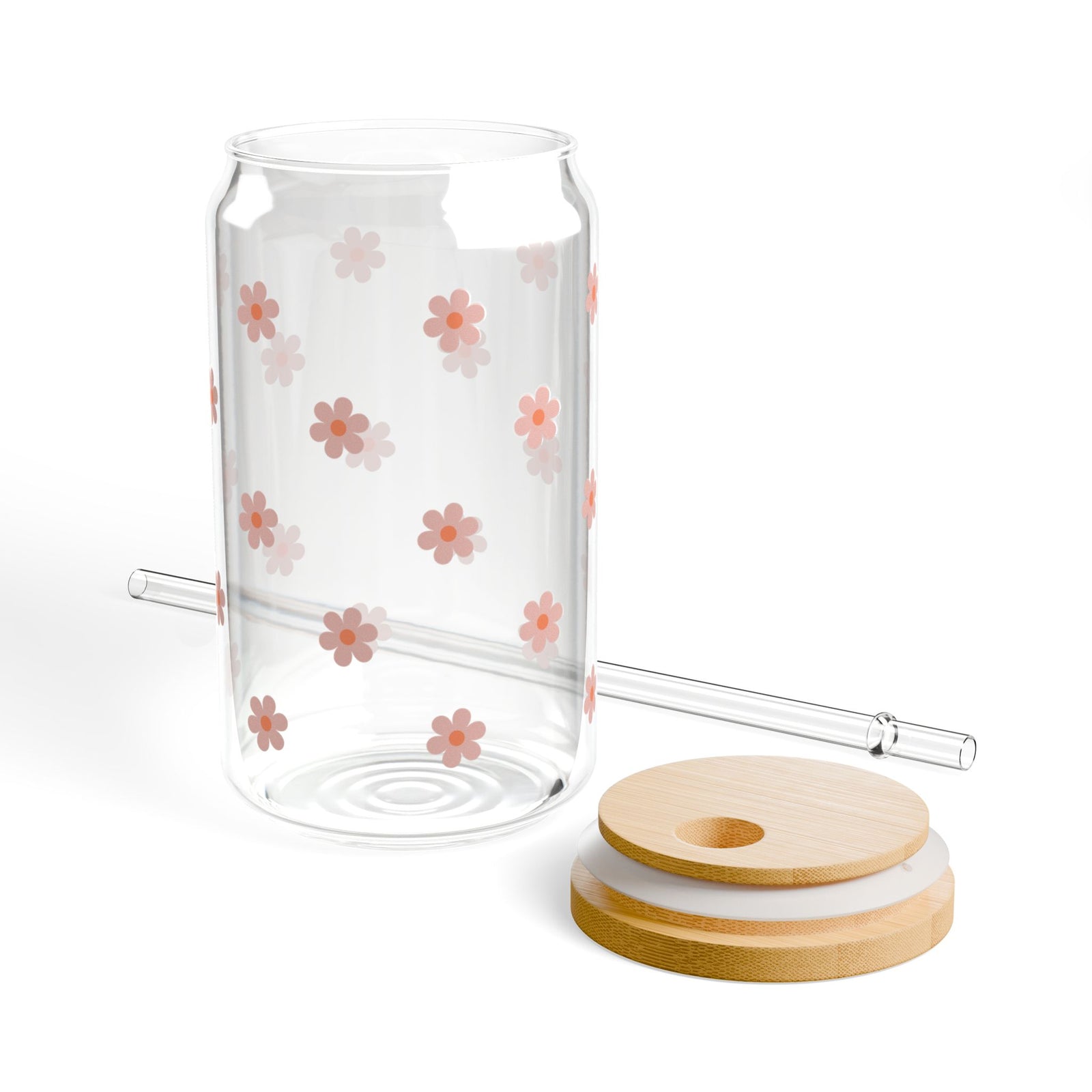 Itty Bitty Daisy Pink Sipper Glass 16oz — Reusable Drink Jar with Lid & Straw