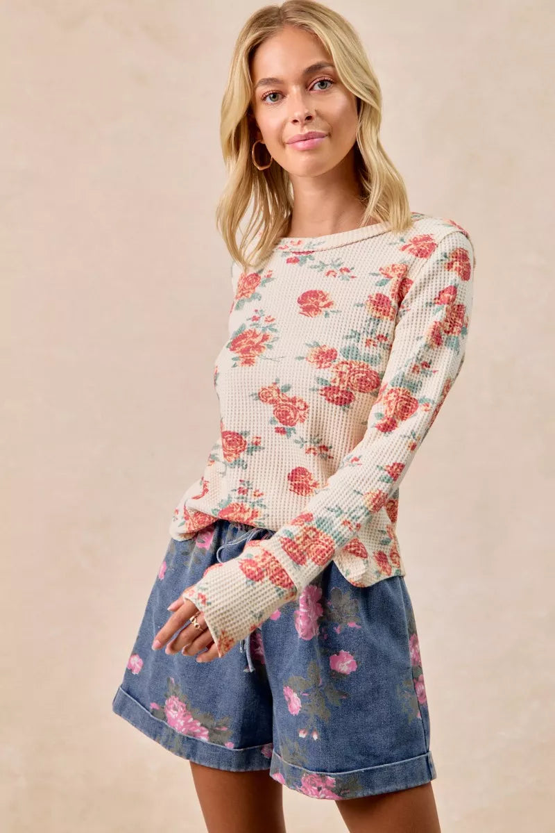 BiBi Floral Print Washed Waffle Thermal Top With Thumb - Sydney So Sweet