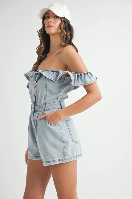 MABLE Off Shoulder Ruffle Detail Denim Romper - Sydney So Sweet