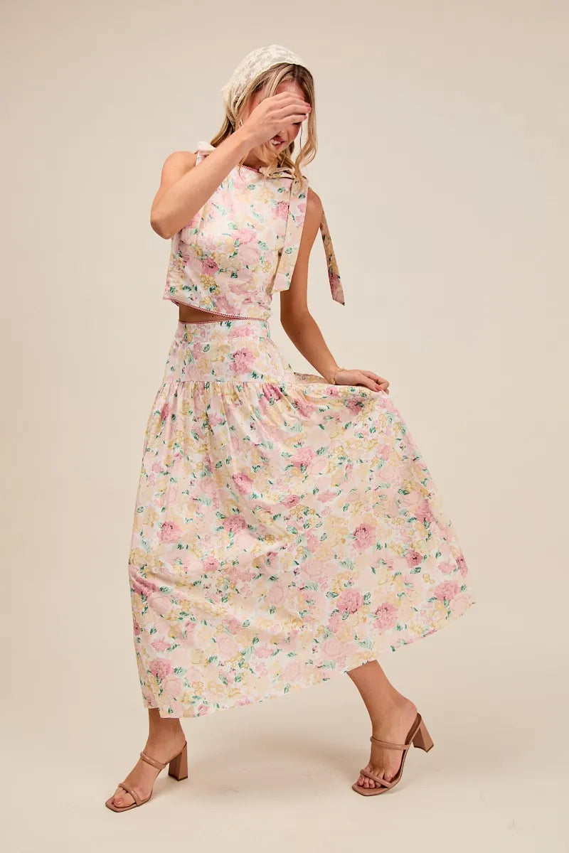 SO ME Floral Printed Woven Shoulder Bow Tie Top and Skirt Set - Sydney So Sweet