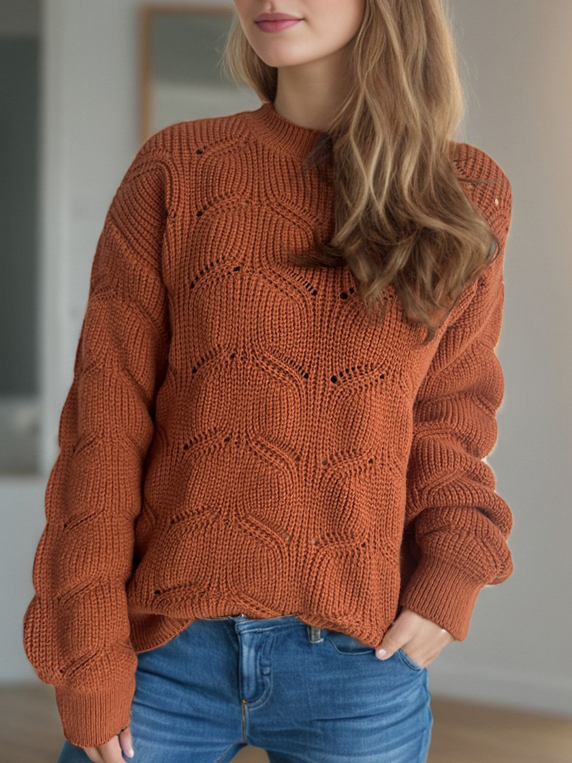 Openwork Round Neck Dropped Shoulder Sweater - Sydney So Sweet