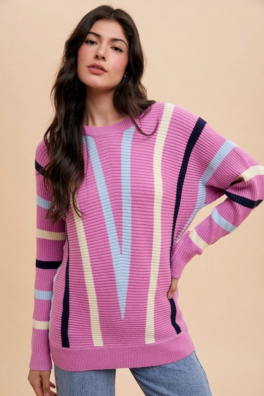 Annie Wear Chevron Stripe Round Neck Ribbed Sweater - Sydney So Sweet