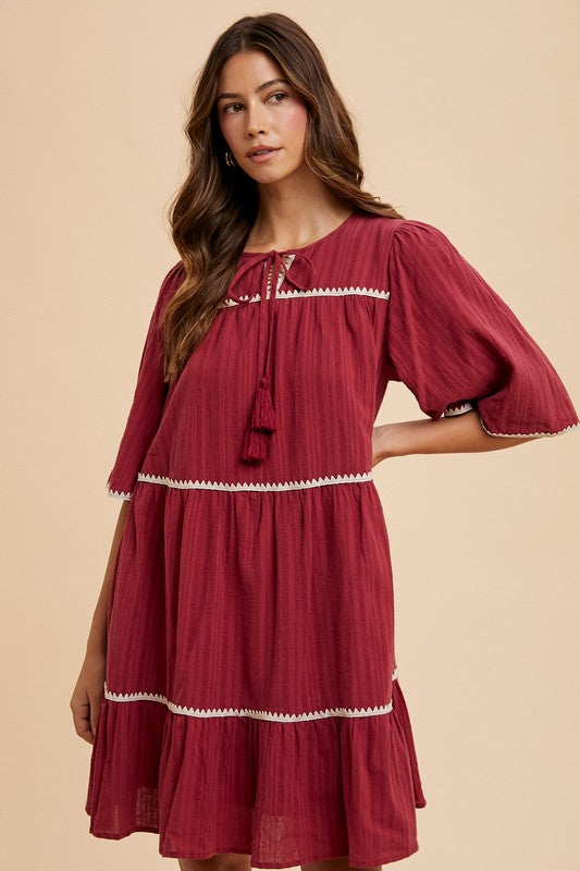 Annie Wear Tassel Contrast Trim Tie Neck Half Sleeve Tiered Dress - Sydney So Sweet