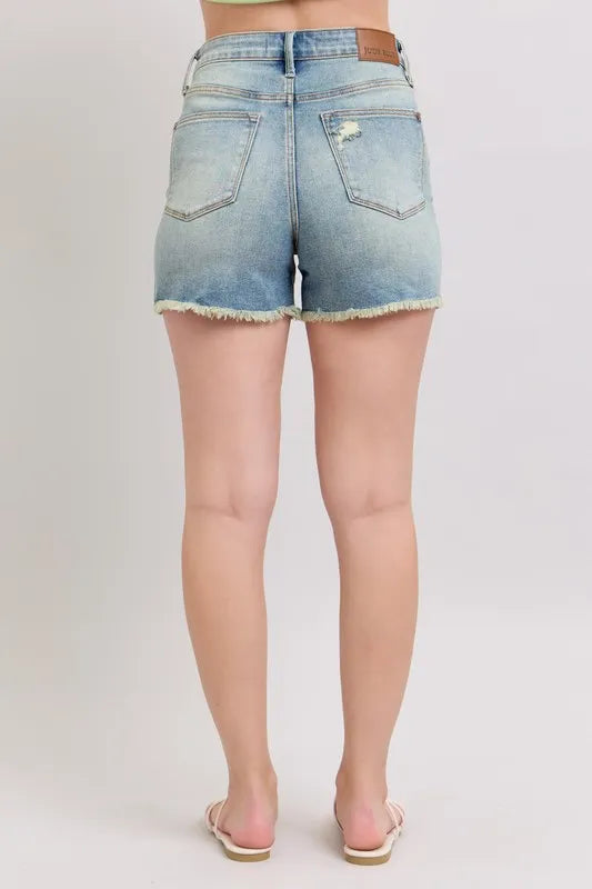 Judy Blue High Rise Washed Fly Stitch Detail and Destroy Denim Shorts - Sydney So Sweet