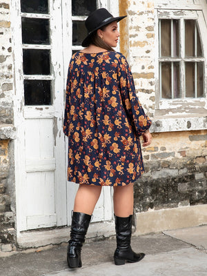 Plus Size Floral V-Neck Balloon Sleeve Dress - Sydney So Sweet