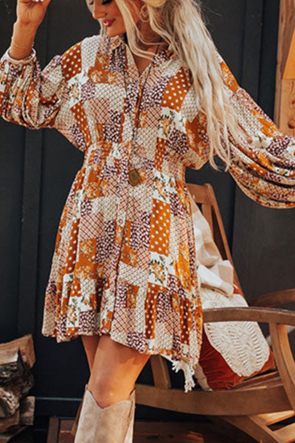 Printed Collared Neck Three-Quarter Sleeve Mini Shirt Dress - Sydney So Sweet