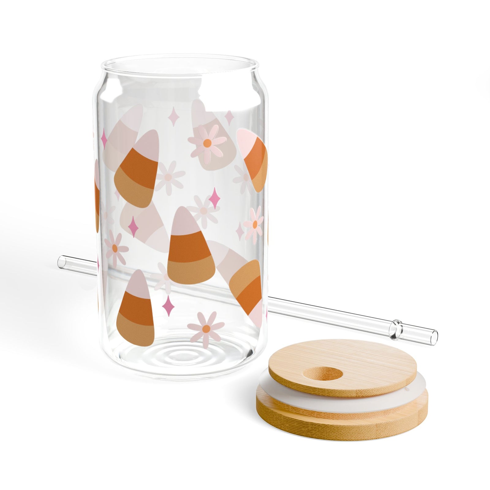 Candy Corn Cute Sipper Glass 16oz Reusable Drink Jar with Lid & Straw