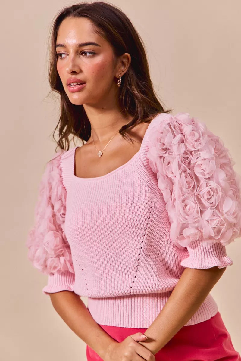 SO ME Rosette Sleeves Square Neck Sweater Knit Top - Sydney So Sweet
