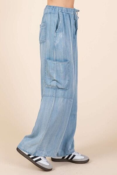 Mittoshop Washed Elastic Waist Cargo Wide Leg Pants - Sydney So Sweet