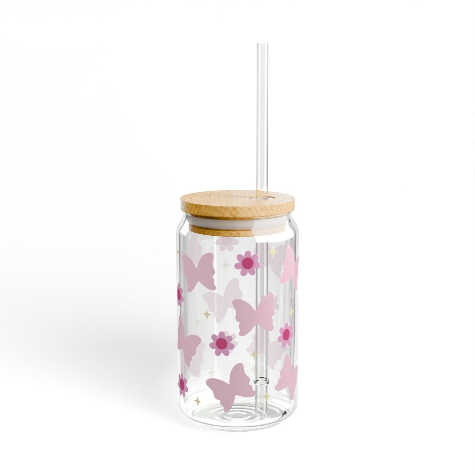 Butterflies & Daisies Tumbler Sipper Glass 16oz — Reusable Drink Jar with Lid & Straw