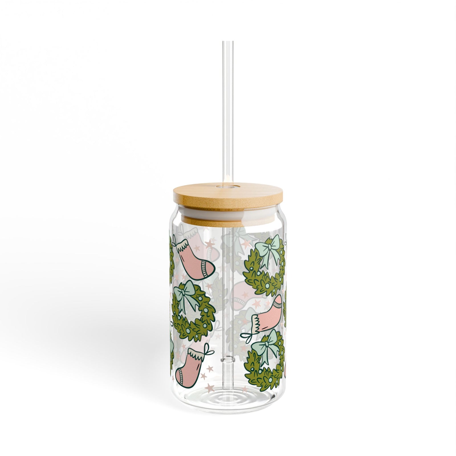 Holly Jolly Christmas Stockings Sipper Glass 16oz Reusable Drink Jar with Lid & Straw