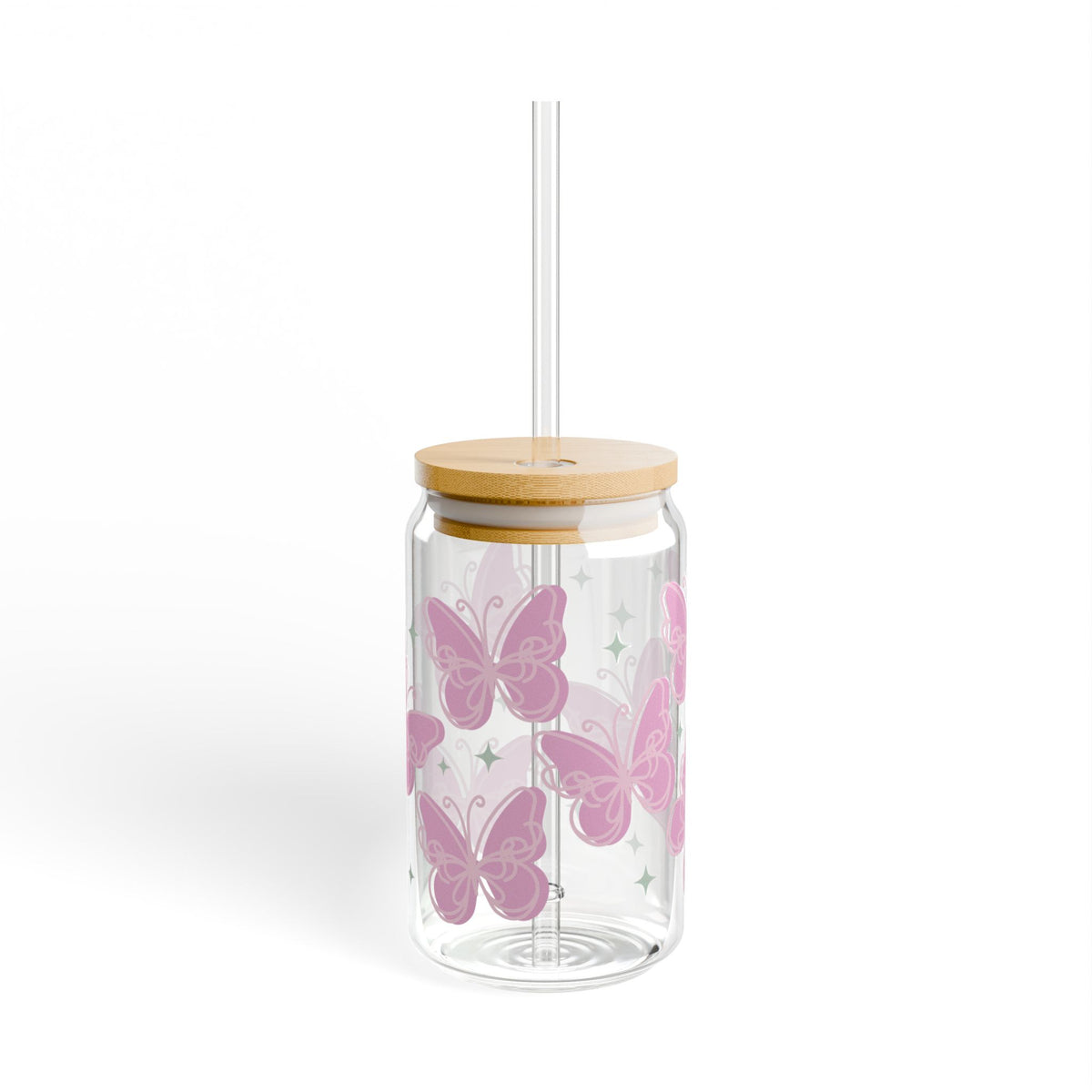 Flutter Pink Butterfly Tumbler Sipper Glass 16oz — Reusable Drink Jar with Lid & Straw