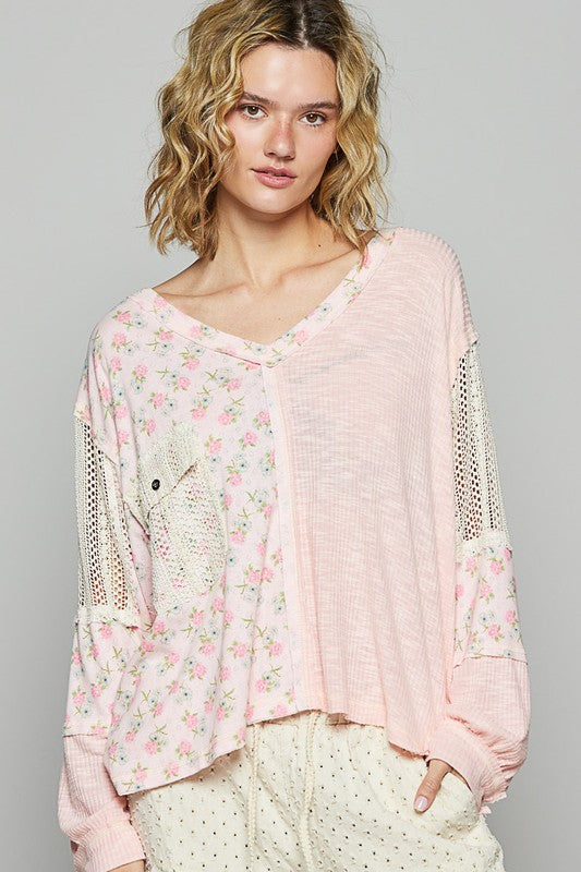 POL Floral Crochet Patch V-Neck Top - Sydney So Sweet