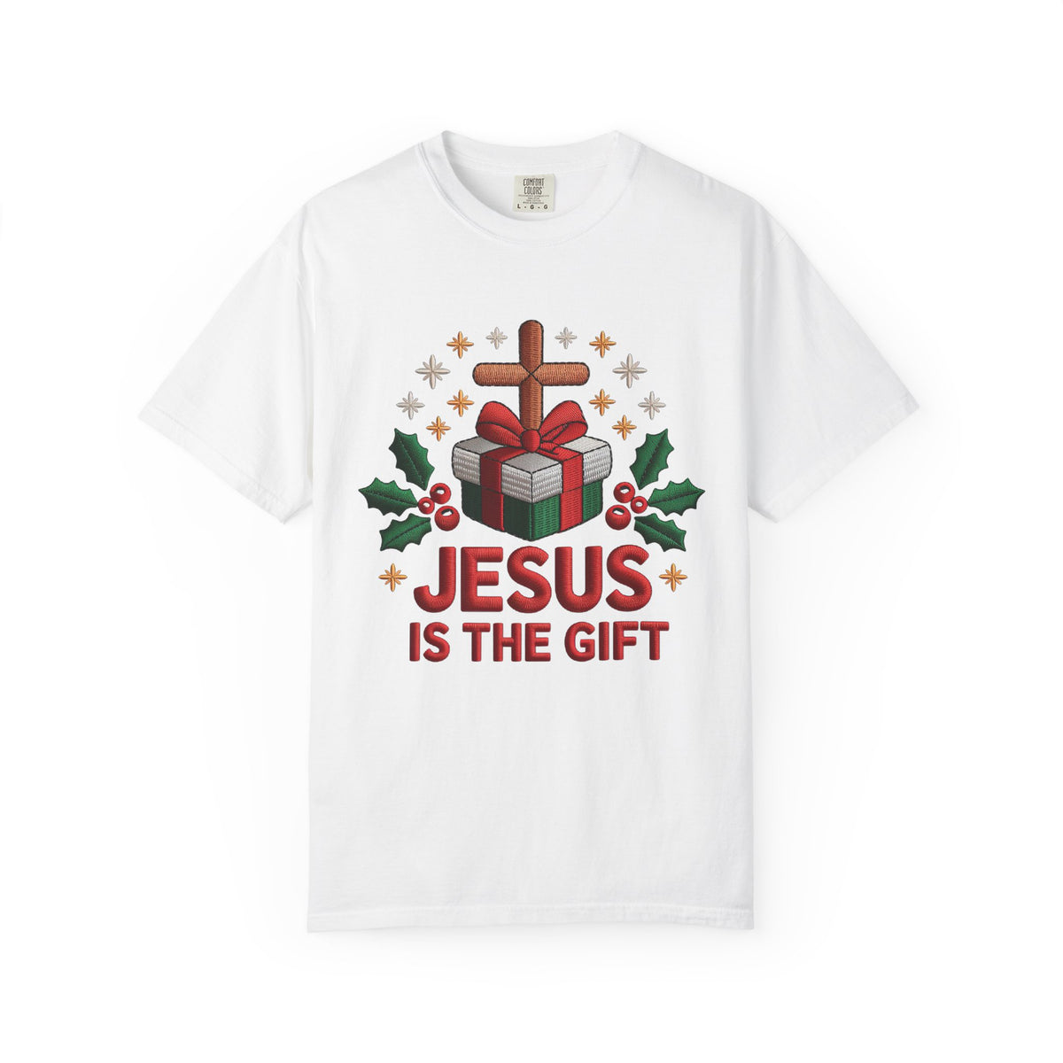 Jesus is the Gift Faux Embroidery Tee Christmas Holiday Graphic T-Shirt