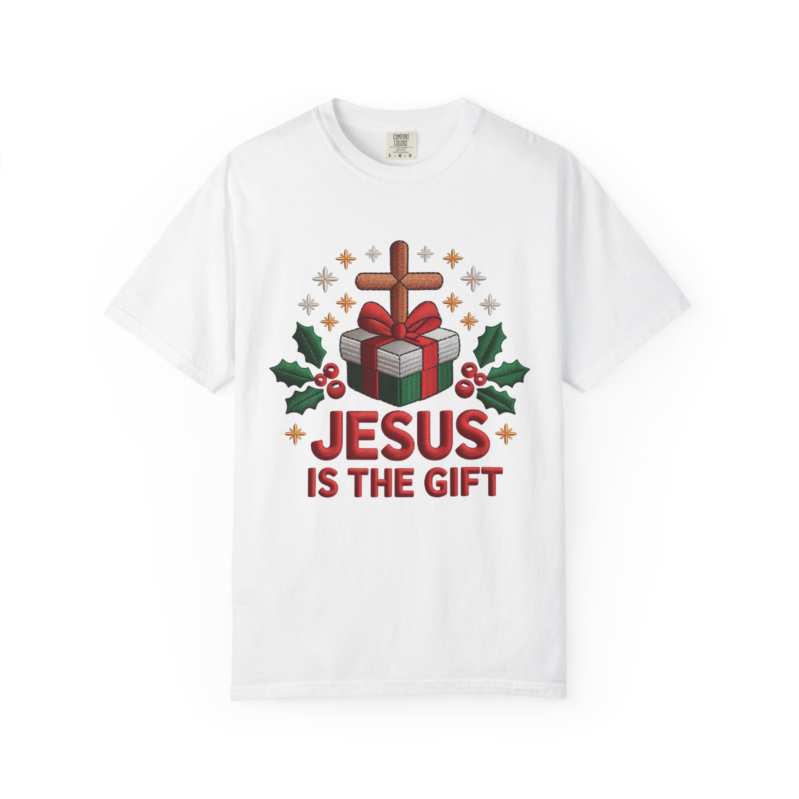 Jesus is the Gift Faux Embroidery Tee Christmas Holiday Graphic T-Shirt
